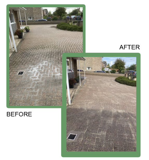 Before and after photos of driveway cleaned and pressure washed