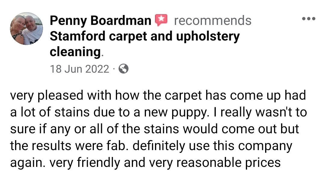 Very pleased with how the carpet has come up had a lot of stains due to a new puppy. I really wasn't to sure if any or all of the stains would come out but the results were fab. definitely use this company again. very friendly and very reasonable prices